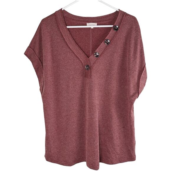 La Miel Knit Short Sleeve Tee Button Detail Red Burgundy V Neck Slouchy Fit L - Picture 1 of 10
